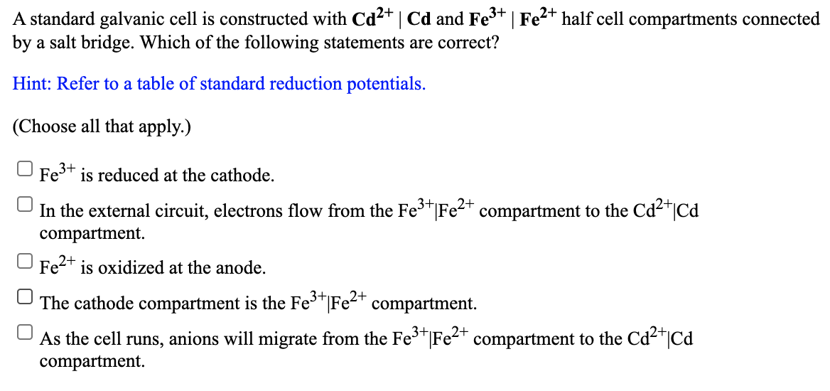 Solved A standard galvanic cell is constructed in which a