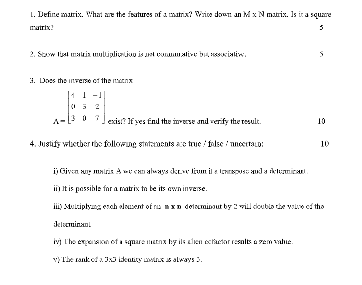 Solved 1. Define matrix. What are the features of a matrix? | Chegg.com