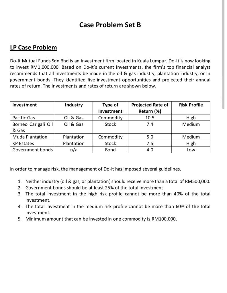 Solved LP Case Problem Do-It Mutual Funds Sdn Bhd is an | Chegg.com