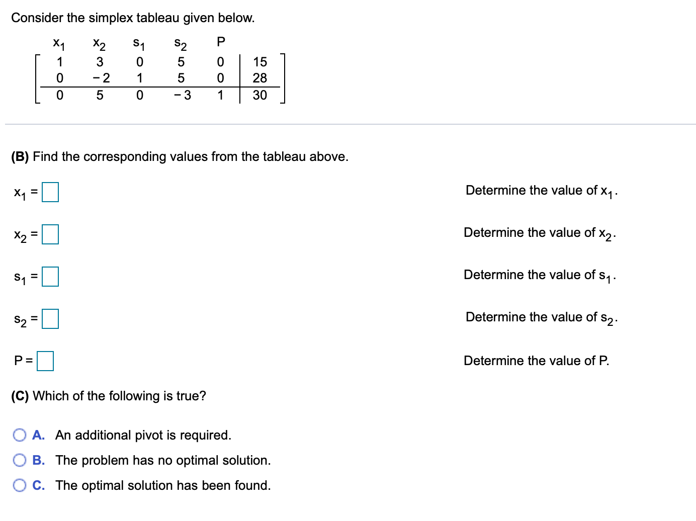 Solved (B) Find the corresponding values from the tableau