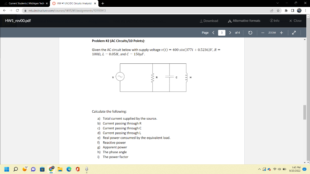 Solved Given the AC circuit below with supply voltage | Chegg.com