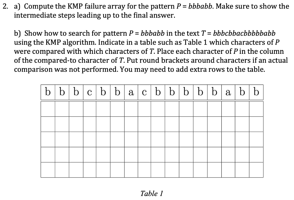 a) Compute the KMP failure array for the pattern \( P=b b b a b b \). Make sure to show the intermediate steps leading up to