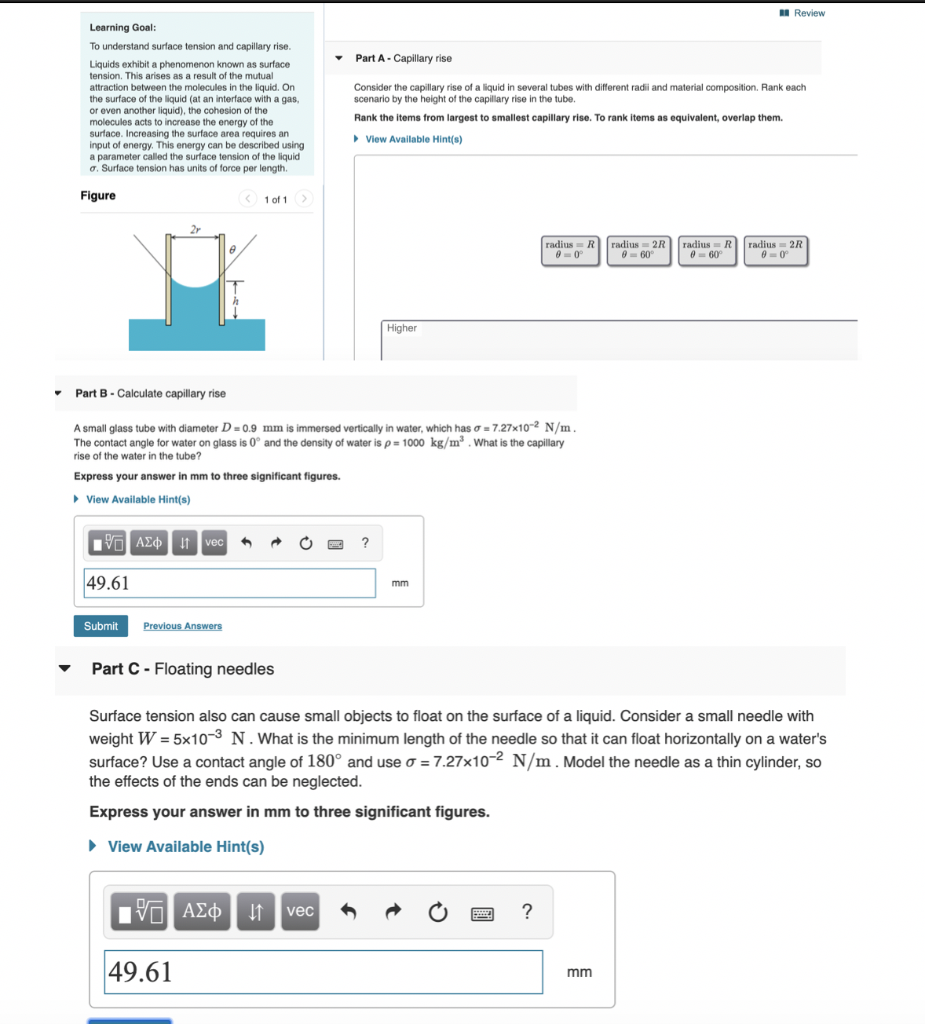Solved Review Part A - Capillary rise Learning Goal: To | Chegg.com