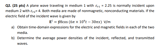 Solved Q2. (25 pts) A plane wave traveling in medium 1 with | Chegg.com