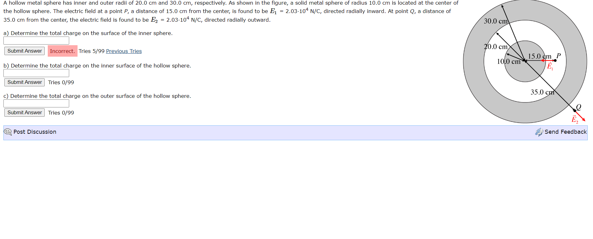Solved A hollow metal sphere has inner and outer radii of