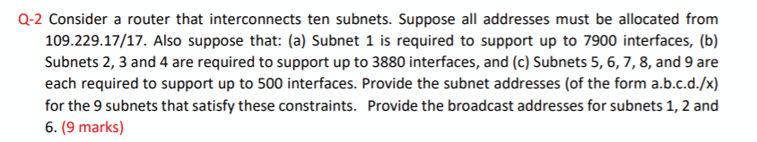 Solved Q-2 Consider a router that interconnects ten subnets. | Chegg.com