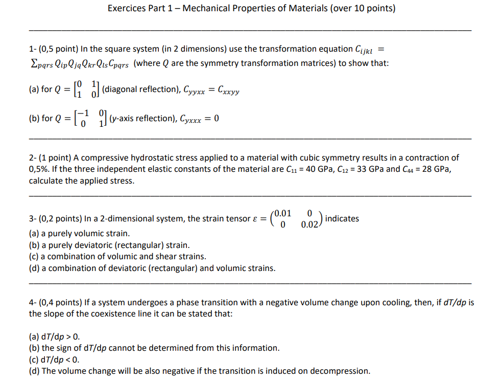 Solved Exercices Part 1 - Mechanical Properties of Materials | Chegg.com