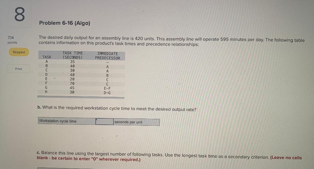 Solved 8 Problem 6-16 (Algo) 7.14 points The desired daily | Chegg.com