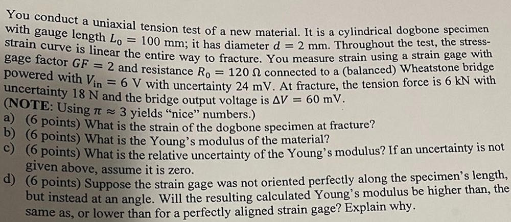 You conduct a uniaxial tension test of a new | Chegg.com