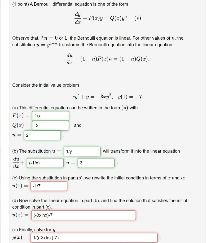 Solved 1 Point A Bernoulli Differential Equation Is One Of Chegg Com