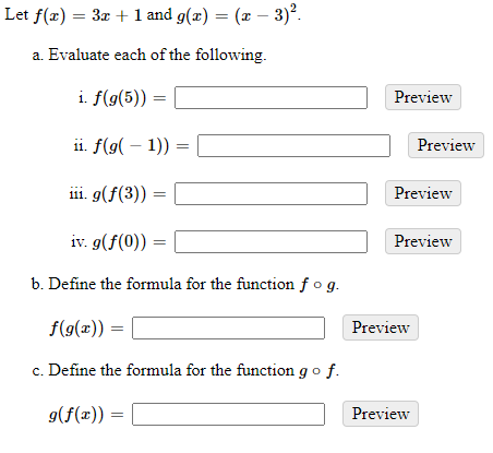 Solved Let f(x) = 3x + 1 and g(x) = (x − 3)². a. Evaluate | Chegg.com
