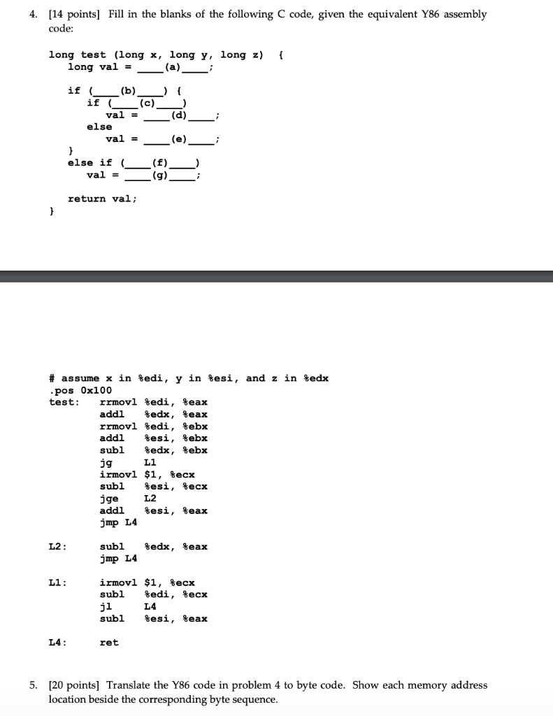 4. (14 points) Fill in the blanks of the following C | Chegg.com