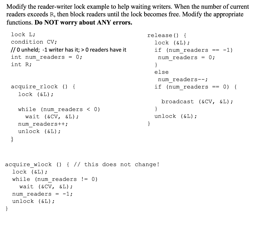 Solved Modify the reader-writer lock example to help waiting | Chegg.com