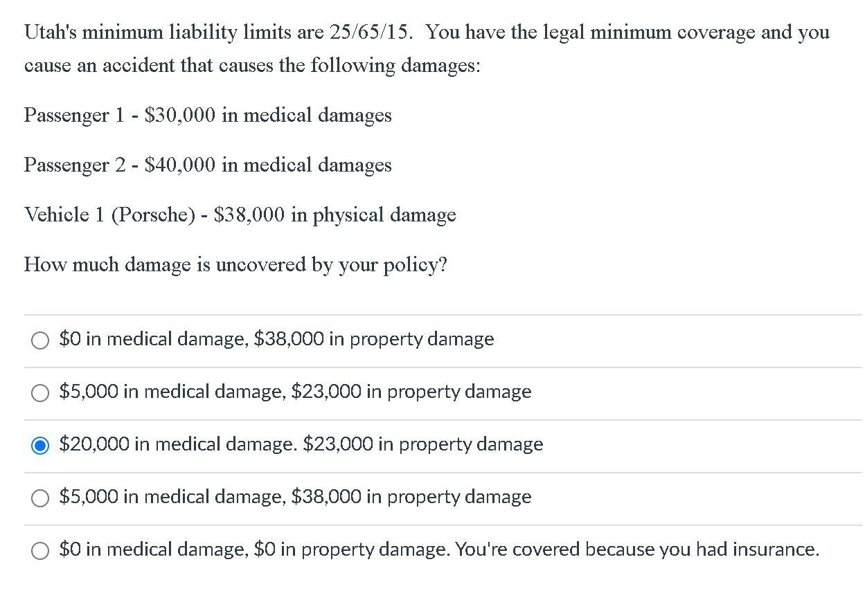Solved Utah's minimum liability limits are 25/65/15. You | Chegg.com