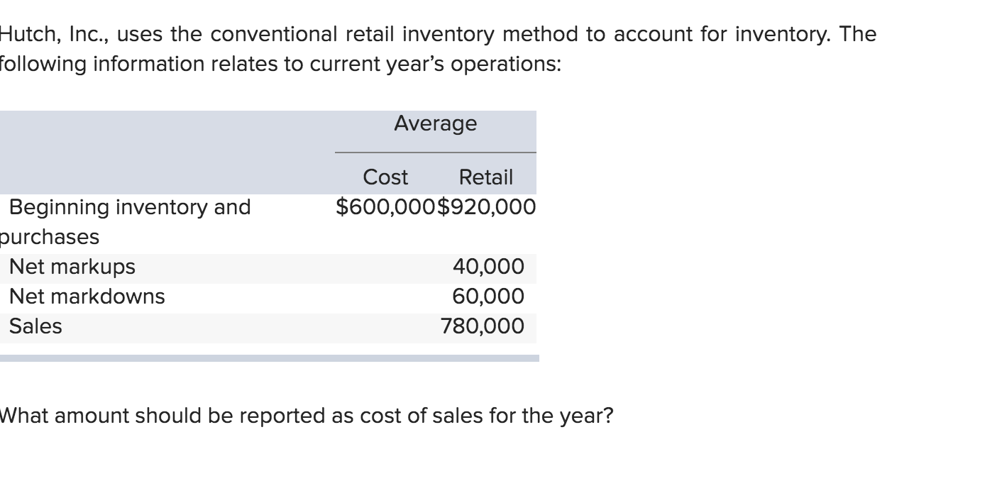 Solved Hutch, Inc., uses the conventional retail inventory