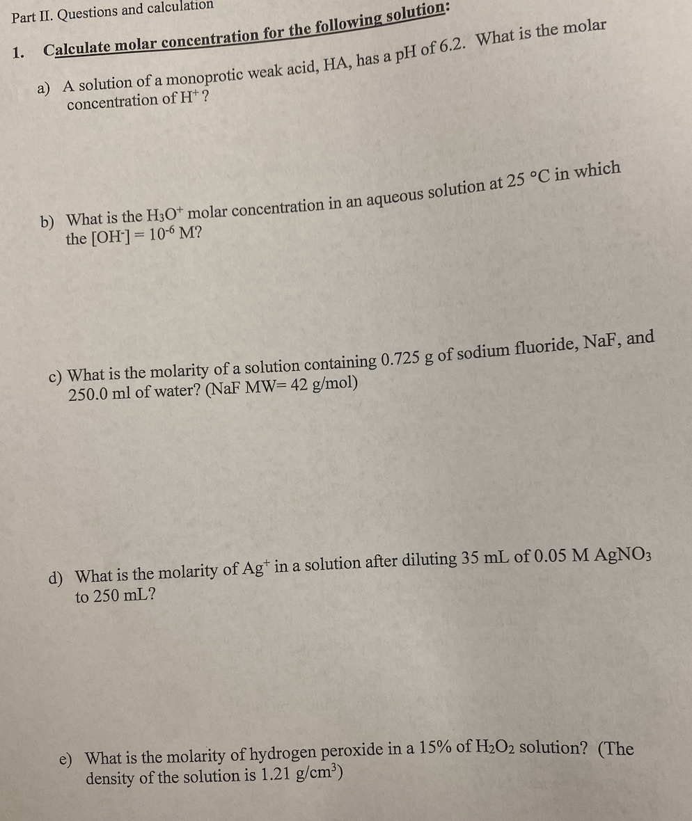Solved Part II. Questions and calculation 1. Calculate molar | Chegg.com