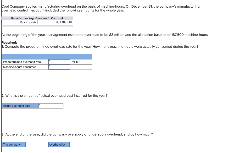 Solved Cool Company Applies Manufacturing Overhead On The | Chegg.com