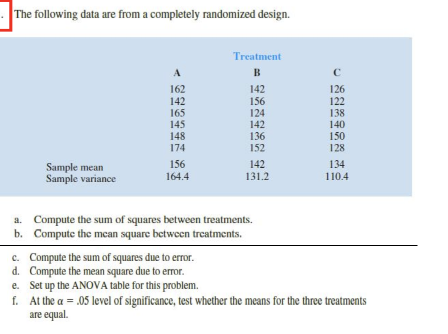 Solved The Following Data Are From A Completely Randomized | Chegg.com