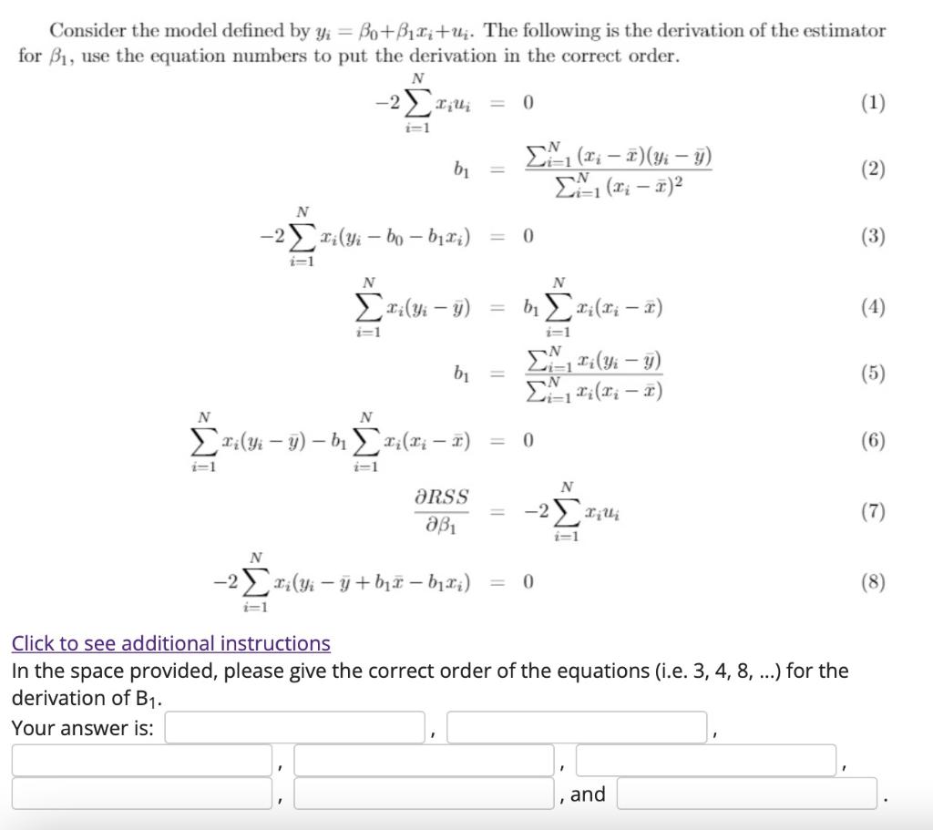 Solved Consider the model defined by yi = Bo+Bili+ui. The | Chegg.com