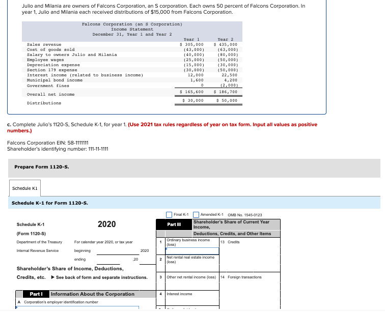 Solved Falcons Corporation (an S Corporation) Income