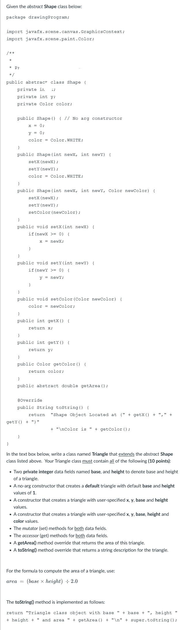 Solved Given the abstract Shape class below: package drawing | Chegg.com