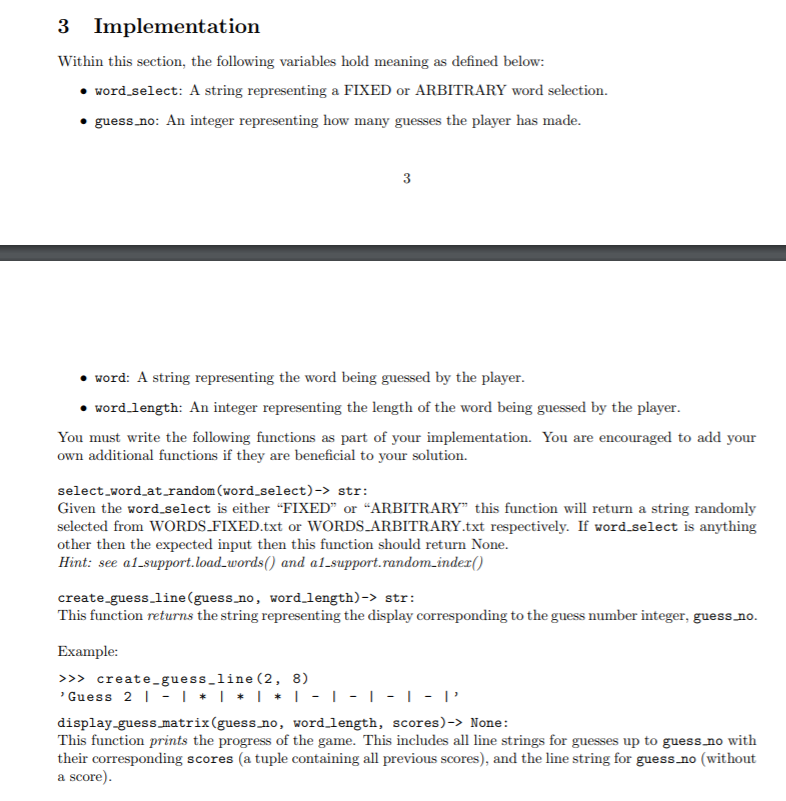 3 Implementation Within this section, the following variables hold meaning as defined below: • word_select: A string represen