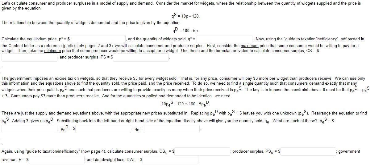 Solved Let's calculate consumer and producer surpluses in a | Chegg.com