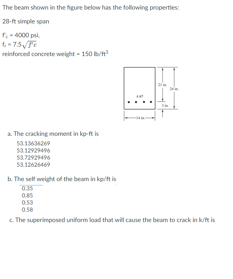 The beam shown in the figure below has the following properties:
28-ft simple span
\[
\begin{array}{l}
\mathrm{f}^{\prime} \m