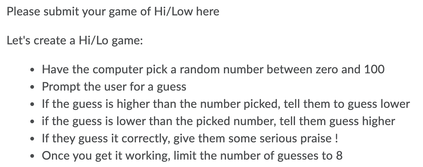 Solved Please submit your game of Hi/Low here Let's create a | Chegg.com