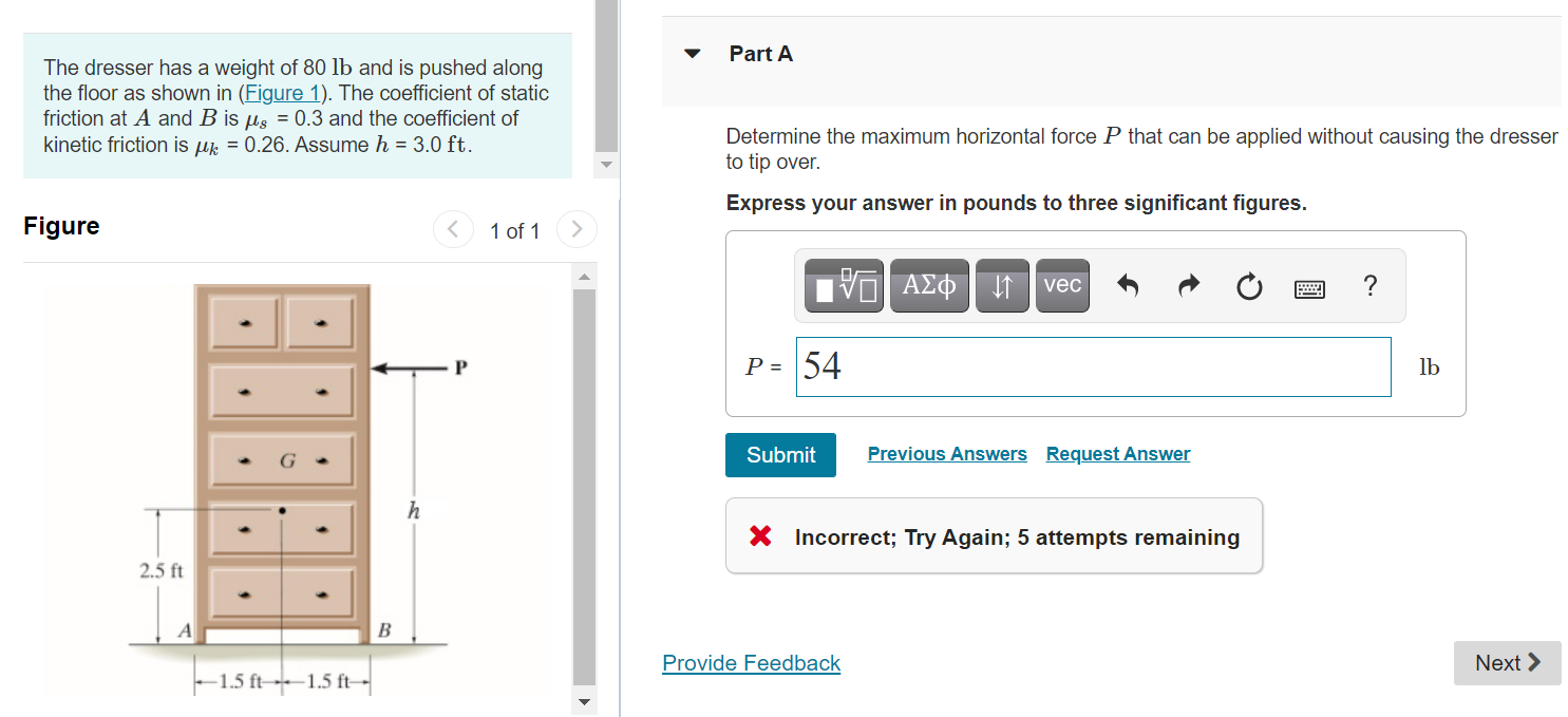 Solved Part A The dresser has a weight of 80 lb and is