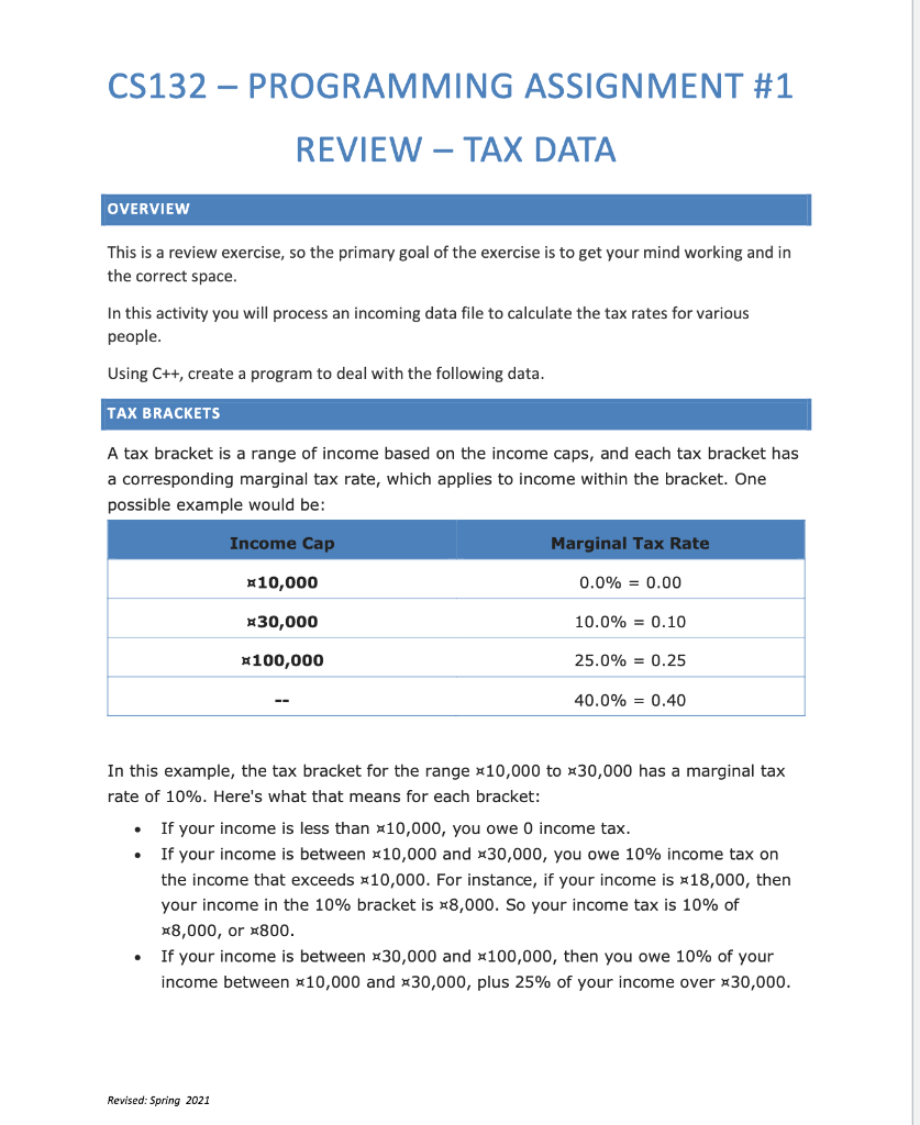 CS132 - PROGRAMMING ASSIGNMENT #1 REVIEW – TAX DATA | Chegg.com