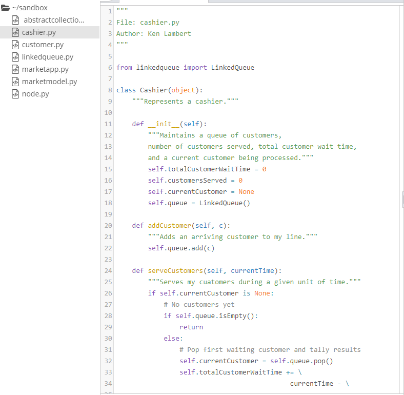 18 1 2 file: cashier.py 3 author: ken lambert 4 -/sandbox abstractcollectio... cashier.py customer.py linkedqueue.py marketap