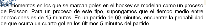 os momentos en los que se marcan goles en el hockey se modelan como un proceso de Poisson. Para un proceso de este tipo, supo