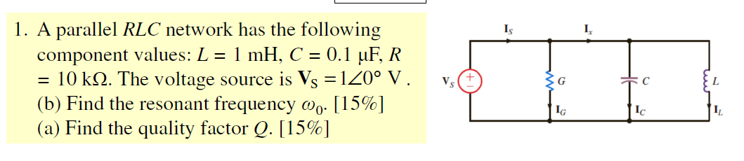 Solved 1. A parallel RLC network has the following component | Chegg.com