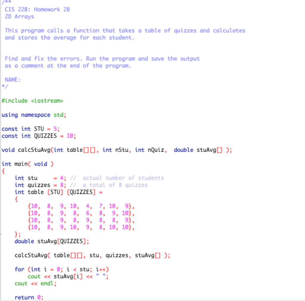 Solved CIS 22B: Homework 2B 2D Arrays This Program Calls A | Chegg.com