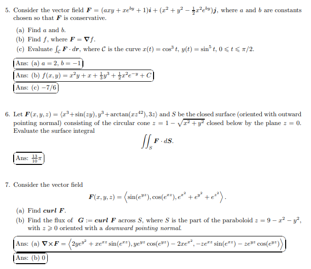 5. Consider the vector field \( \boldsymbol{F}=\left(a x y+x e^{b y}+1\right) i+\left(x^{2}+y^{2}-\frac{1}{2} x^{2} e^{b y}\r