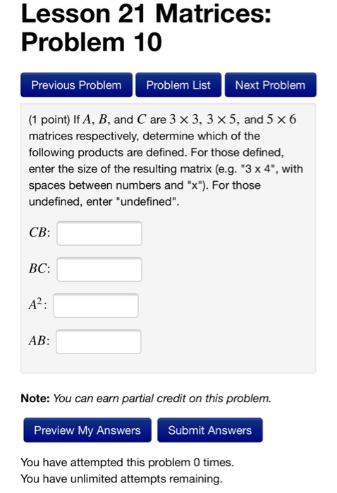 Matrices Problem Example With Answer Solved Lesson 21 Matrices: Problem 10 Previous Problem | Chegg.com
