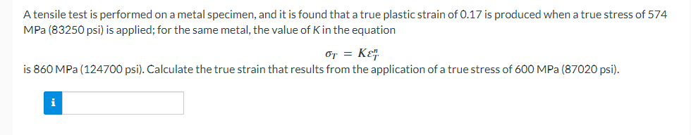 Solved A tensile test is performed on a metal specimen, and | Chegg.com