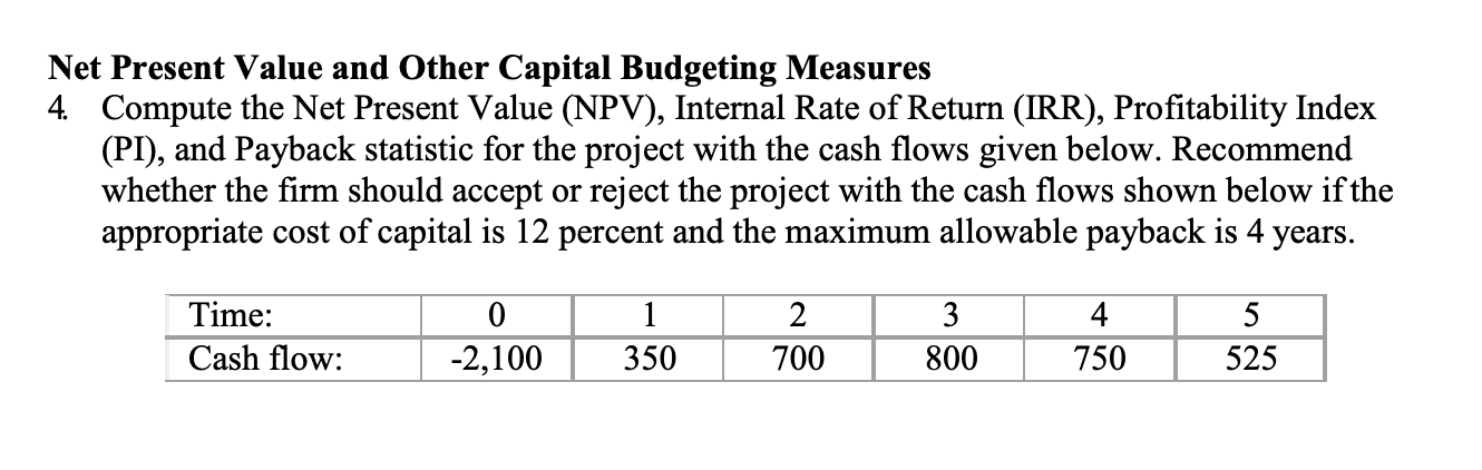 Solved Net Present Value And Other Capital Budgeting Chegg