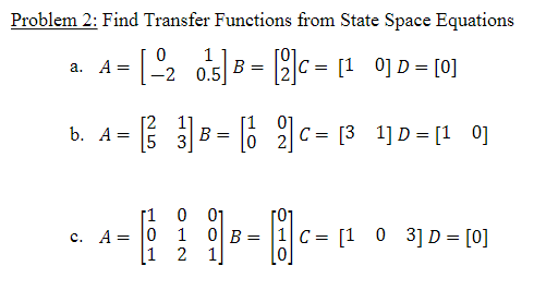 Solved Problem 2: Find Transfer Functions from State Space | Chegg.com