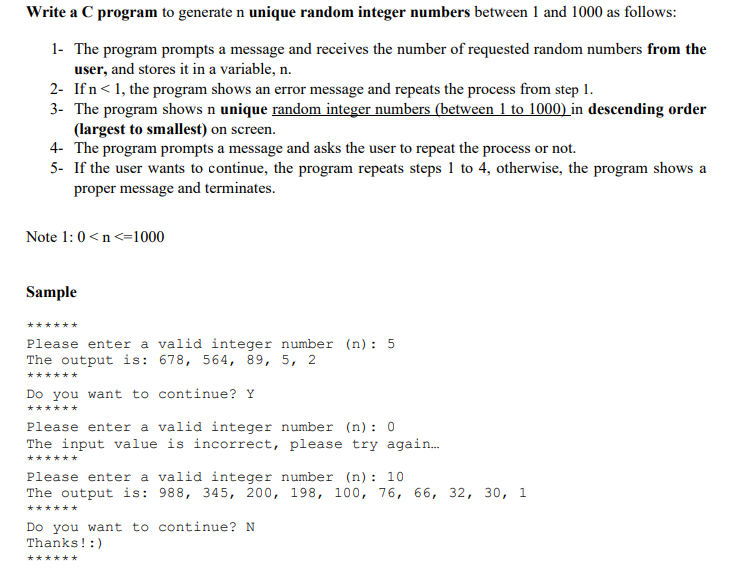 Solved Write a C program to generate n unique random integer | Chegg.com