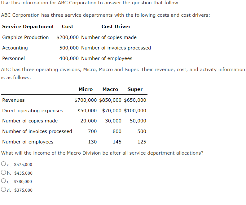 Solved Use this information for ABC Corporation to answer | Chegg.com