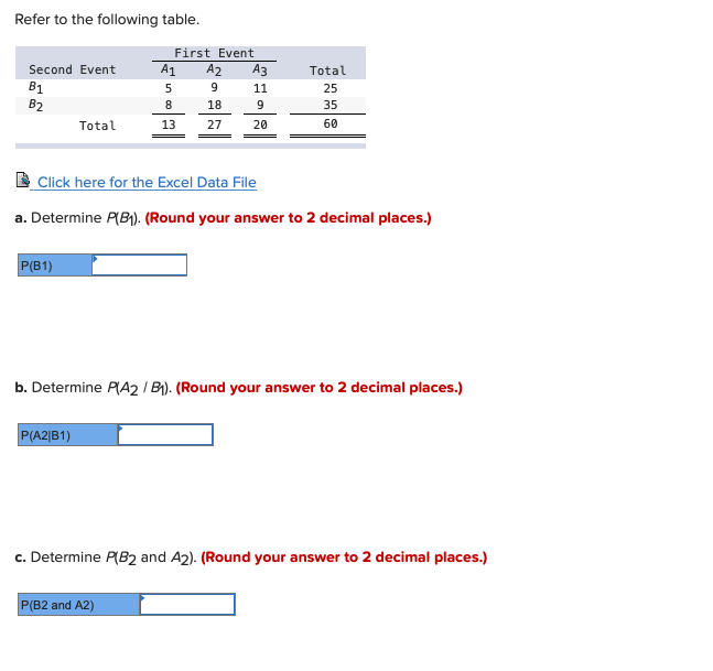 Solved Refer To The Following Table Second Event B1 First 3973