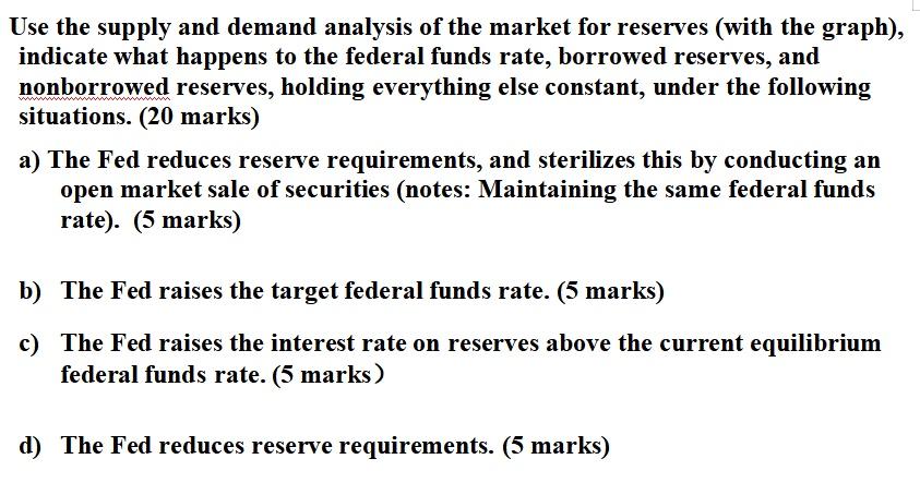 Use the supply and demand analysis of the market for reserves (with the graph), indicate what happens to the federal funds ra