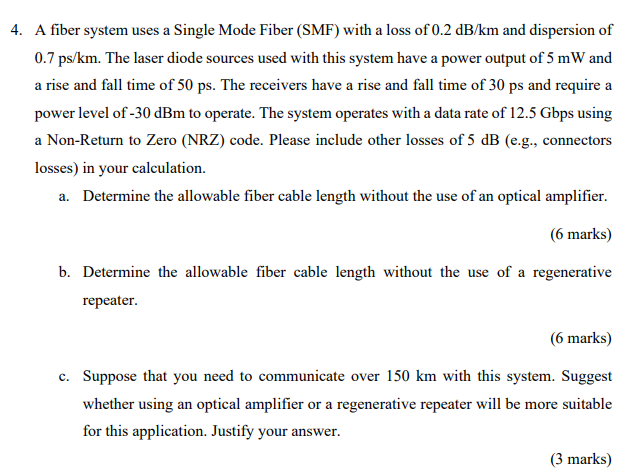 4. A fiber system uses a Single Mode Fiber (SMF) with | Chegg.com