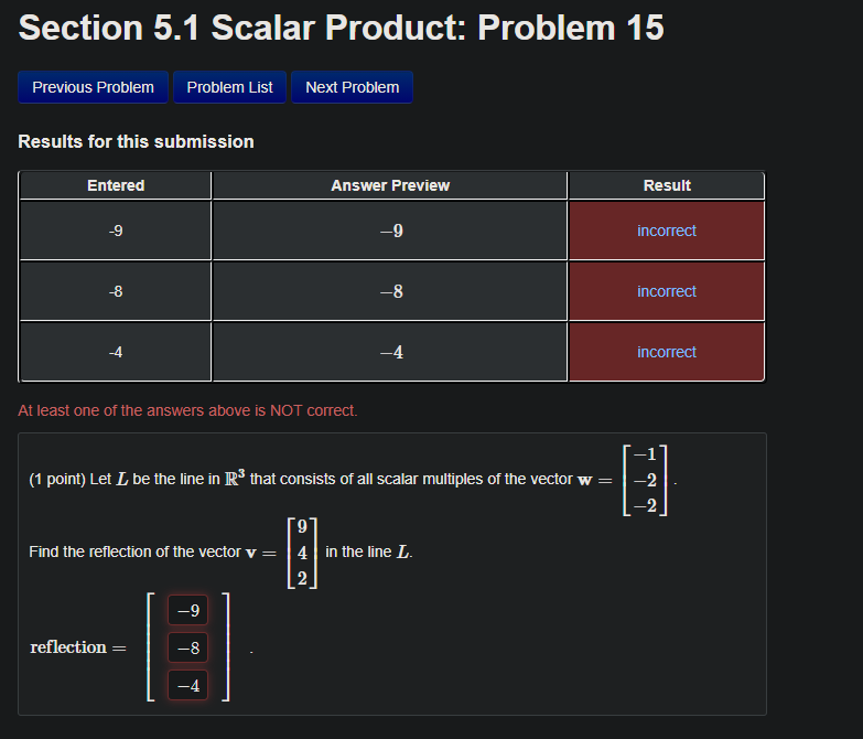 Solved Section 5.1 Scalar Product: Problem 15 Previous | Chegg.com