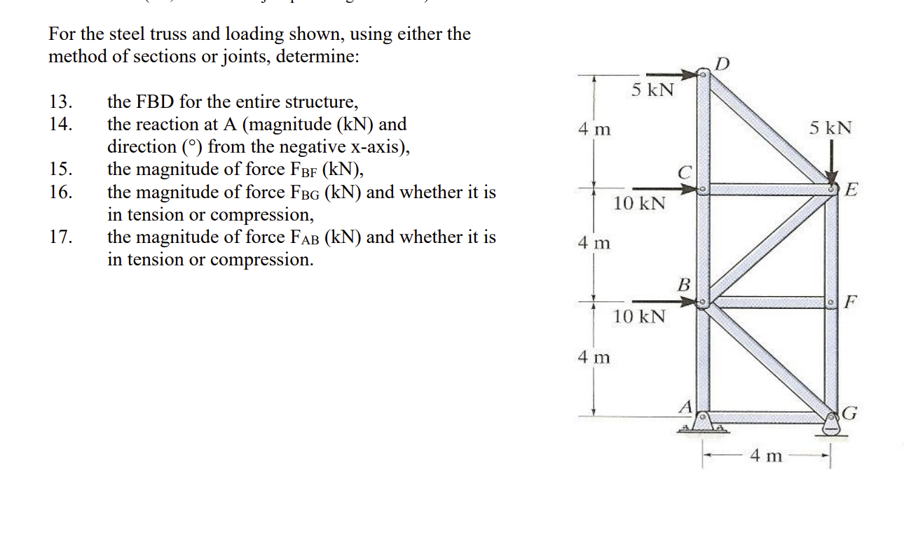 For the steel truss and loading shown, using either the method of sections or joints, determine:
13. the FBD for the entire s