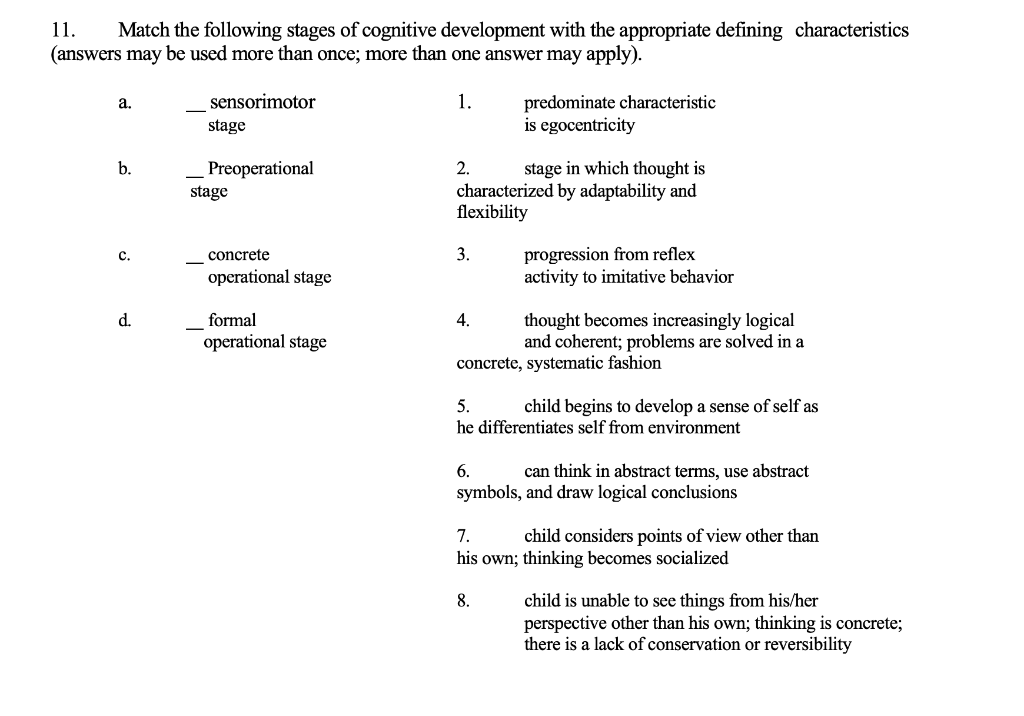 Solved 11. Match the following stages of cognitive Chegg