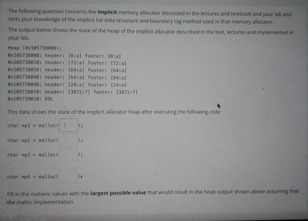 Solved The following question concerns the implicit memory | Chegg.com