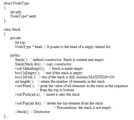 Solved struct NodeType int info; NodeType next class Stack | Chegg.com
